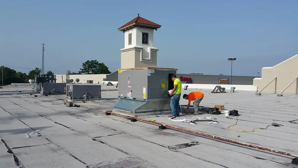 Two Richard Electric technicians setting a packaged rooftop unit on a commercial roof